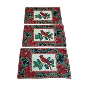Cardinal Placemats, Vintage Christmas, set of 3, woven, Red Holiday, table mats